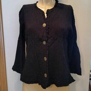 Black Blouse Fresco Nomadic Traders Puckered Rayon Top Shirt M Button Front